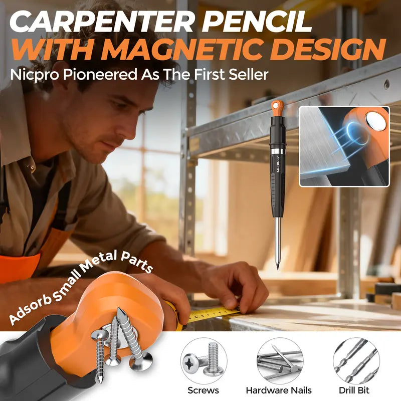 Magnetic Mechanical Carpenter Pencils Set - 2.8mm Pencil, Sharpener, 6 Refills (6 Pens Equivalent)