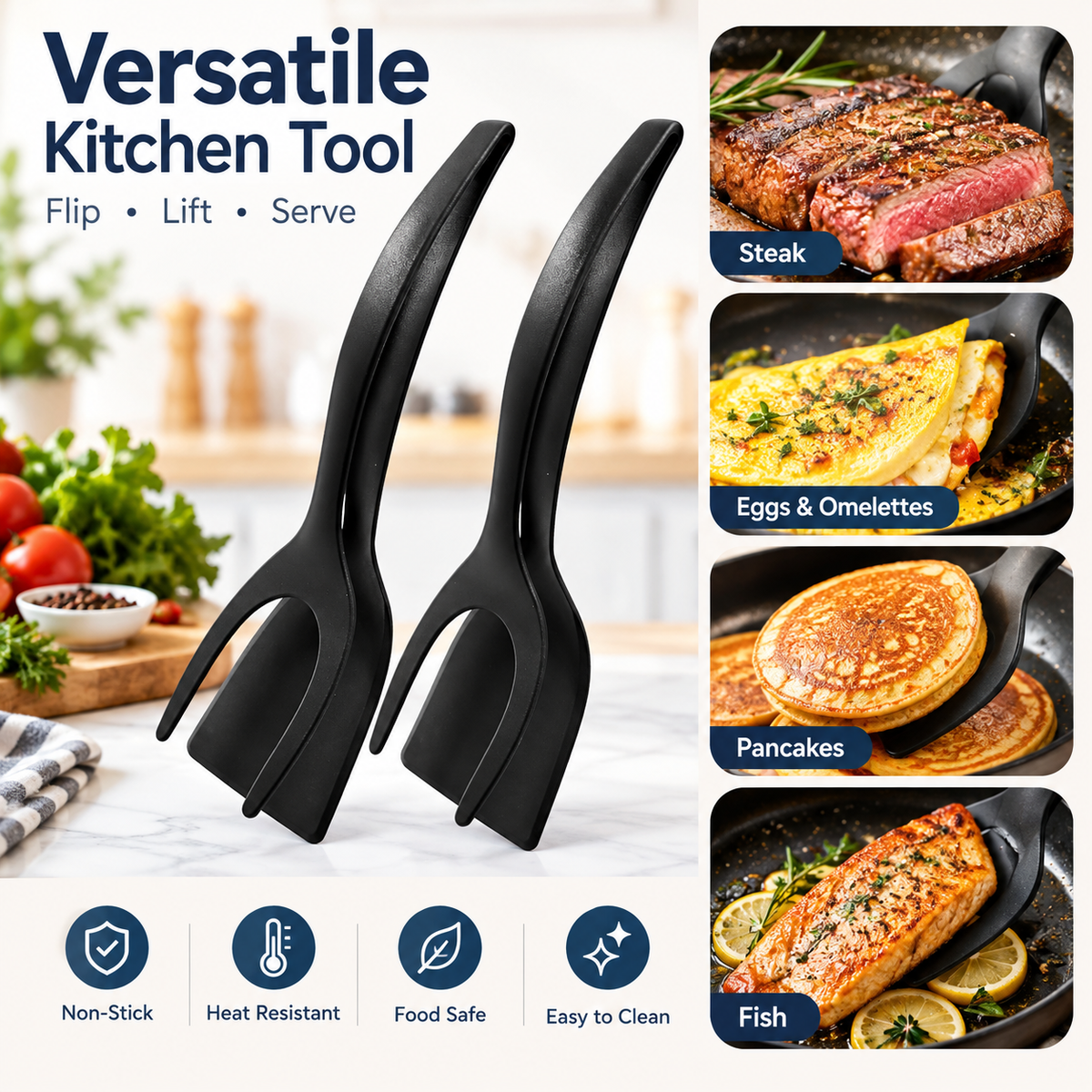 2 Pack 2 in 1 Grip and Flip Spatula Tongs