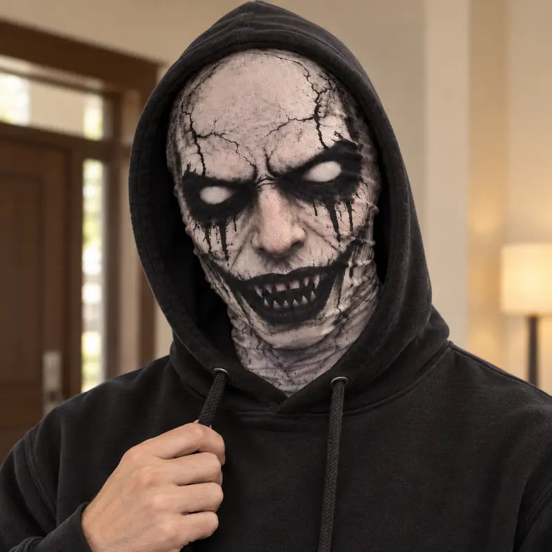 Flat Print Cracked Demon Balaclava, Creepy Grinning Fangs Full Face Hood Mask