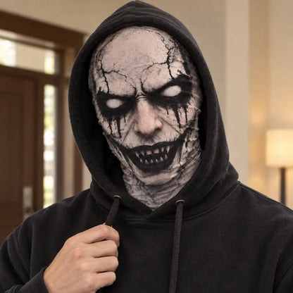 Flat Print Cracked Demon Balaclava, Creepy Grinning Fangs Full Face Hood Mask