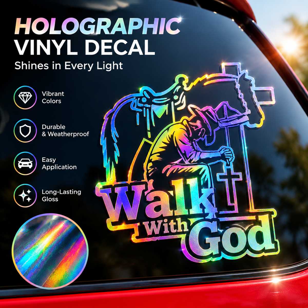4Pcs Dios Por Delante Vaquero Cross Jesus Vinyl Decal 5" Rainbow Holo
