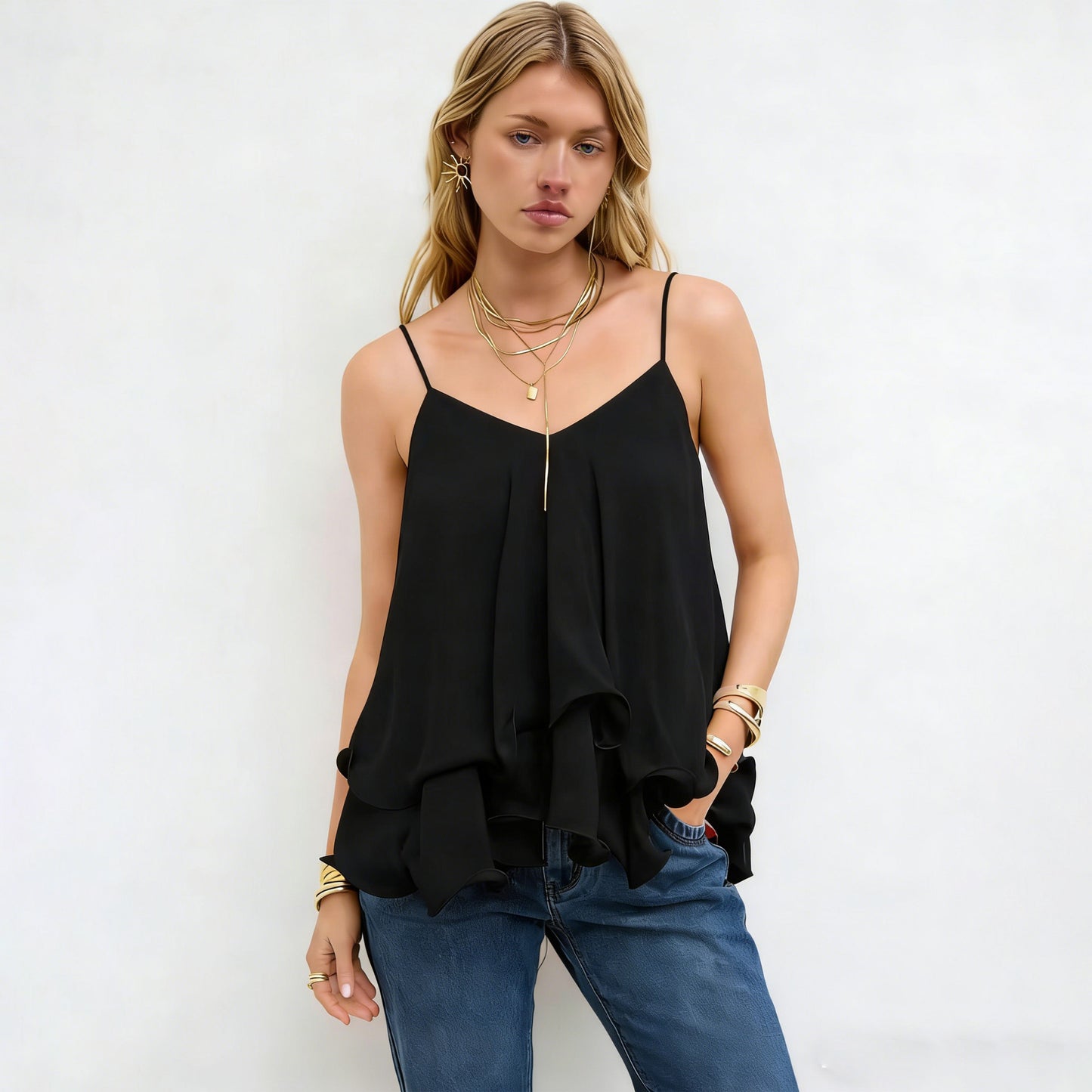 Womens Summer Babydoll Peplum Cami Tops Chiffon Ruffled Flowy Tank Top