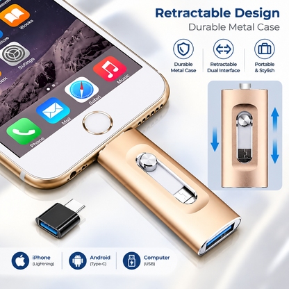 3-in-1 High-Capacity USB Drive with Fingerprint Security – Retractable Lightning & USB-A Memory Stick