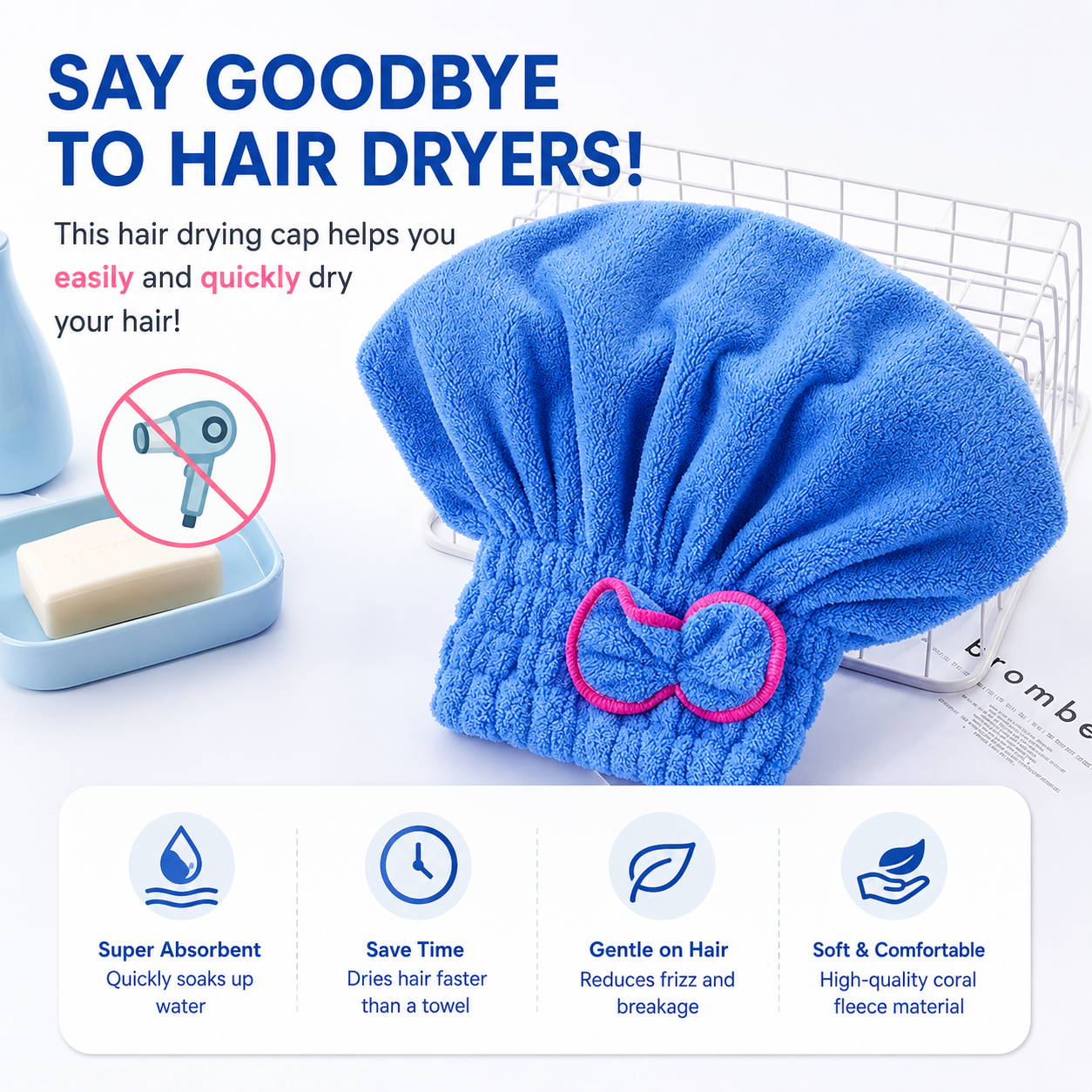 3Pcs Microfiber Hair Drying Turban with Button & Loop, Soft Coral Velvet, Highly Absorbent Fast Drying Head Wrap