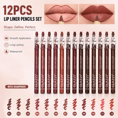 12PCS/set Lip Liner Pencils Set Pack for Shaping & Sculpting Lips with a Pencil Sharpener