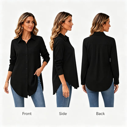 Women's Collar V Neck Long Sleeve Slit Side Button Down Long Shirt Blouse Top Tees with Curved Hem