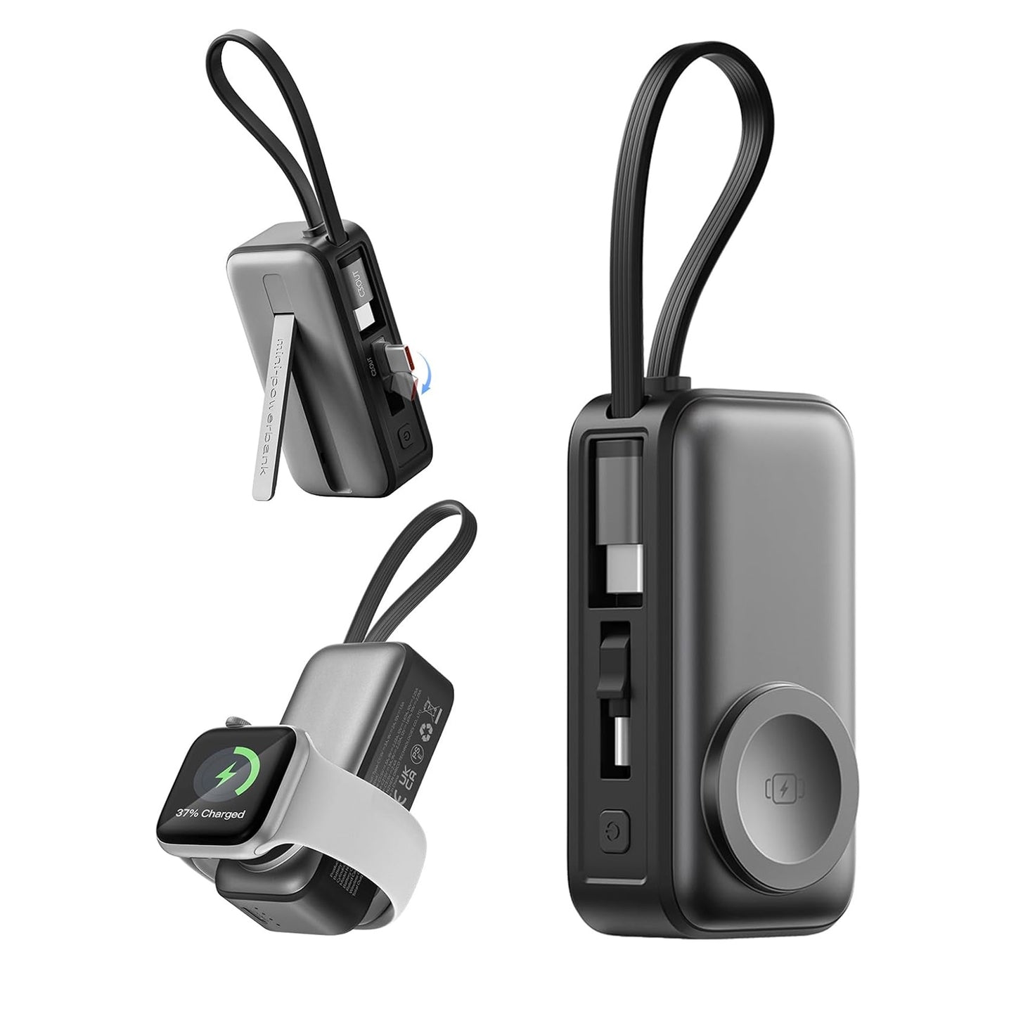 3-in-1 5000mAh Portable Charger with Built-in USB-C Cable | Mini Power Bank for Apple Watch