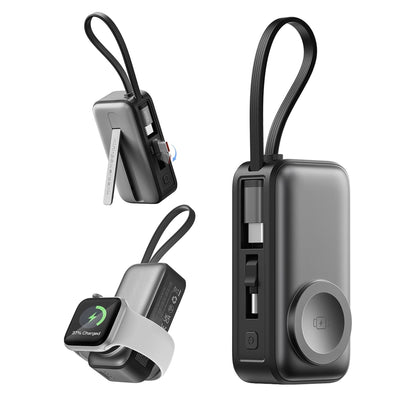 3-in-1 5000mAh Portable Charger with Built-in USB-C Cable | Mini Power Bank for Apple Watch