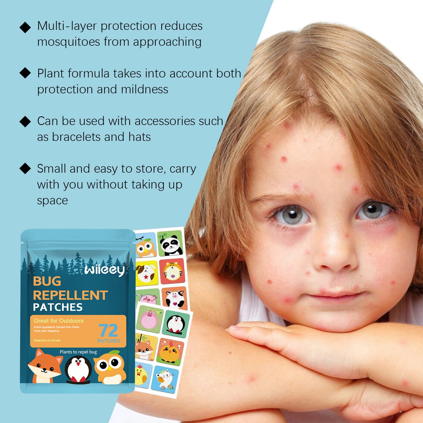 Mosquito Repellent Stickers (72 Pack) - Animal Patches for Kids, Natural DEET-Free, Essential Oil Infused