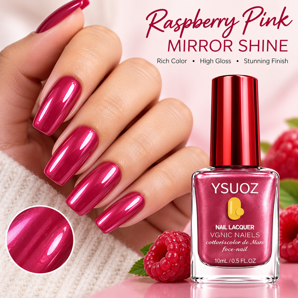 2Pcs Raspberry Rose Mirror-Finish Nail Strengthener – Natural & Quick-Drying