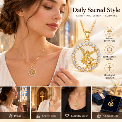 Zircon Halo St. Michael Circle Pendant Necklace: Token of Heavenly Archangel Protection
