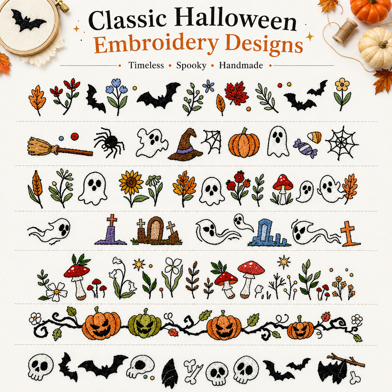 2 Size Classic Halloween-style Embroidery Patterns - Stick & Stitch For Beginners
