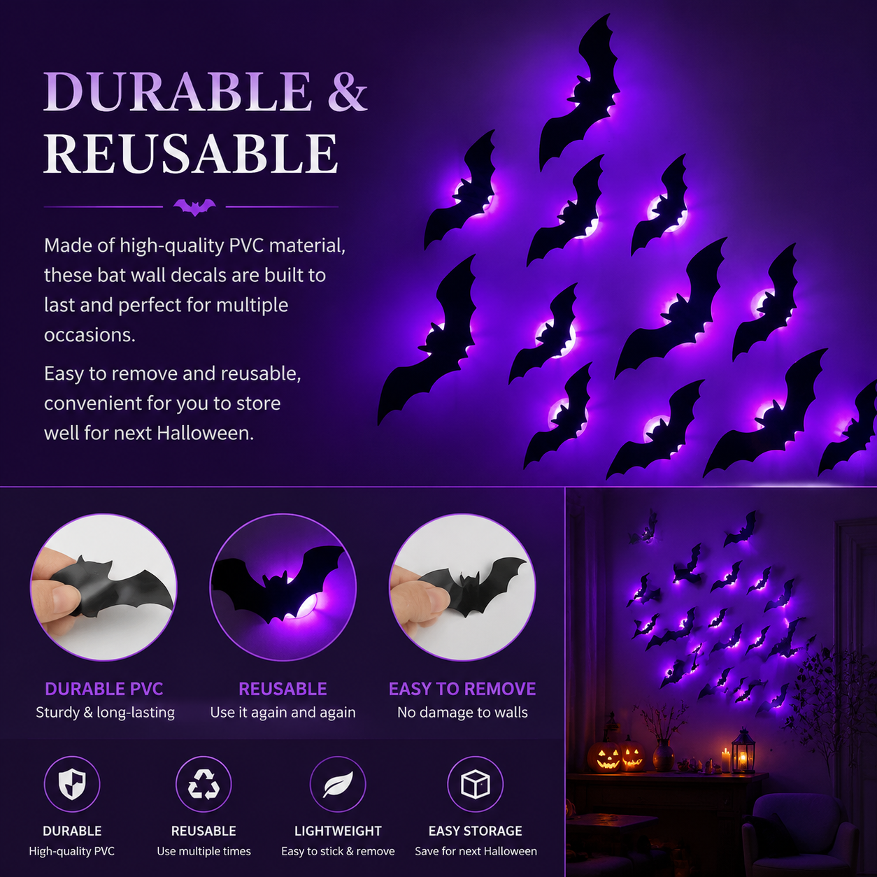 12Pcs Halloween Bats Wall Decor, Removable Lighted 3D Bats Wall Stickers Assorted Size