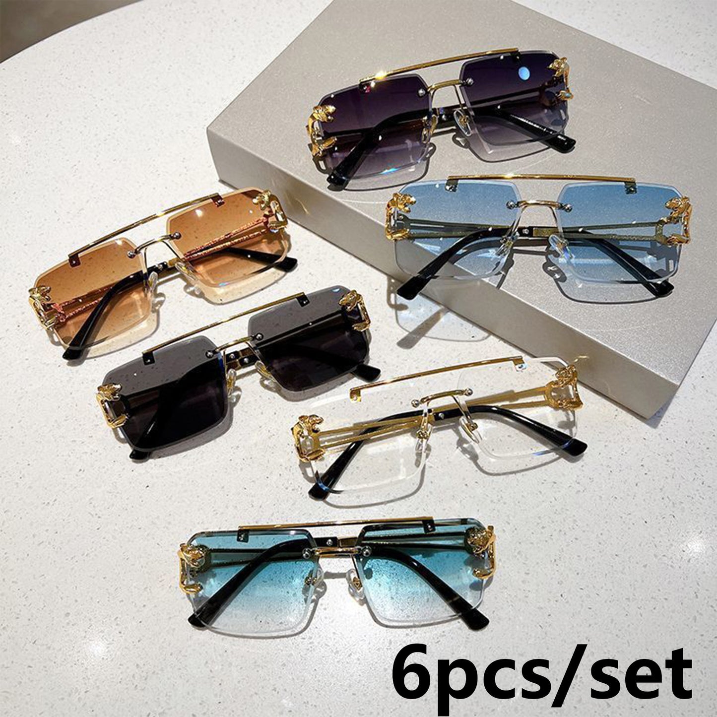 Men's 6-Pair Metal Rimless Sleek Rectangular Trendy Sunglasses