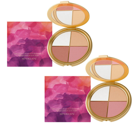 2Pcs 4-Color Highlighter & Blush Palette, Shimmer Eyeshadow Makeup Kit