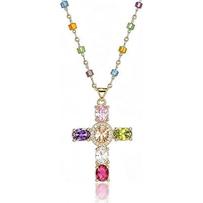 Rainbow Cross Pendant Necklace for Women Cubic Zirconia Faith Jewelry