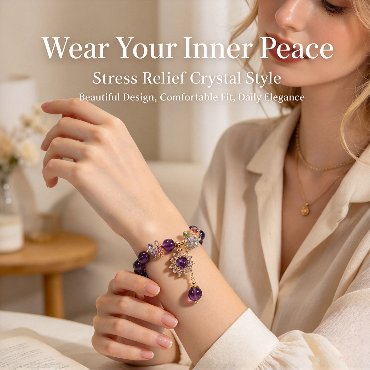 Healing Crystal/Purple Natural Bracelet, Adorned with Sunflower Decoration