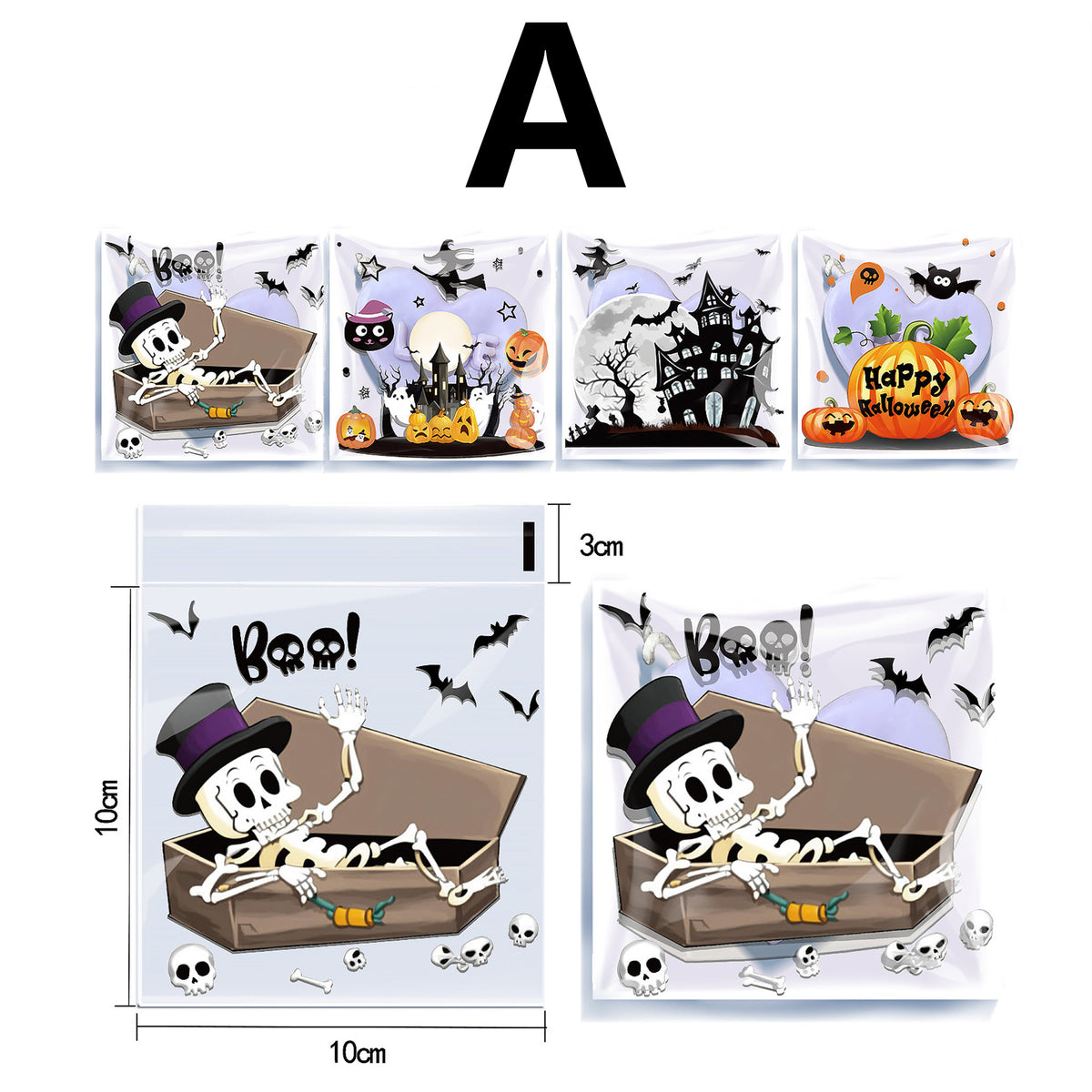 100Pcs Halloween Self-Adhesive Gift Bags - Reusable 4-In-1 Skull