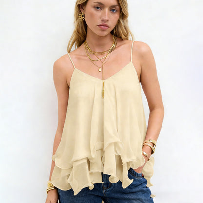 Womens Summer Babydoll Peplum Cami Tops Chiffon Ruffled Flowy Tank Top