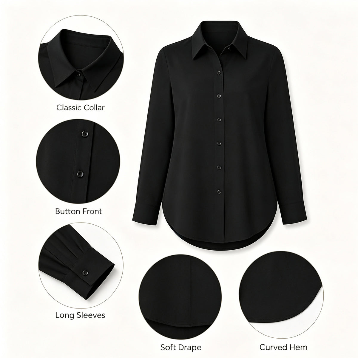 Women's Collar V Neck Long Sleeve Slit Side Button Down Long Shirt Blouse Top Tees with Curved Hem