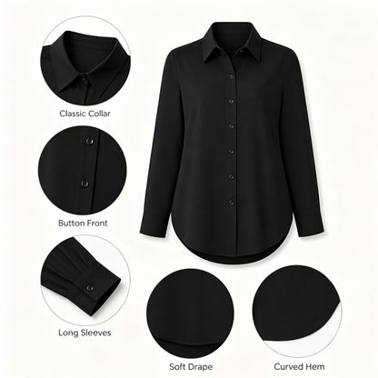 Women's Collar V Neck Long Sleeve Slit Side Button Down Long Shirt Blouse Top Tees with Curved Hem