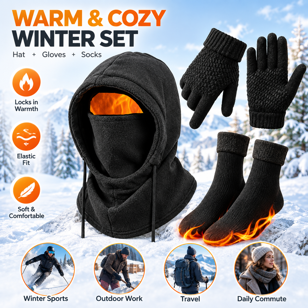 3Piece Plain Winter Warm Sports Gear Set - Windproof Full Face Ski Mask Sports & Outdoor Hats, Hooded Jacket, Gloves