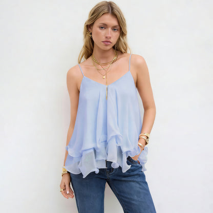 Womens Summer Babydoll Peplum Cami Tops Chiffon Ruffled Flowy Tank Top