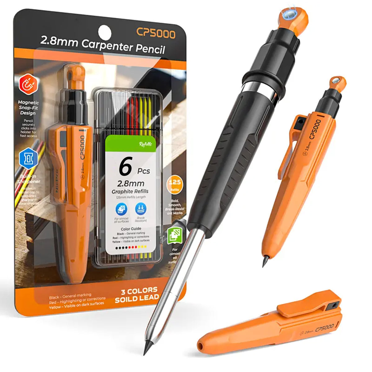 Magnetic Mechanical Carpenter Pencils Set - 2.8mm Pencil, Sharpener, 6 Refills (6 Pens Equivalent)