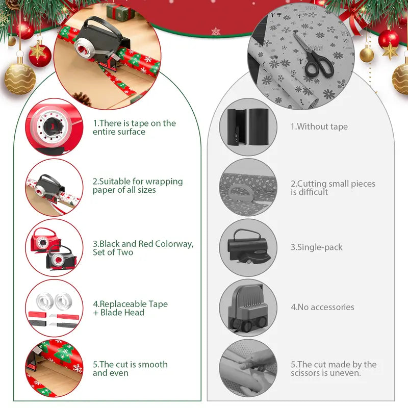 2 Pack Dual-Use Wrapping Paper Cutter & Tape Dispenser Kit, Includes 4 Rolls Tape & 2 Replacement Blades