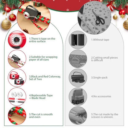 2 Pack Dual-Use Wrapping Paper Cutter & Tape Dispenser Kit, Includes 4 Rolls Tape & 2 Replacement Blades
