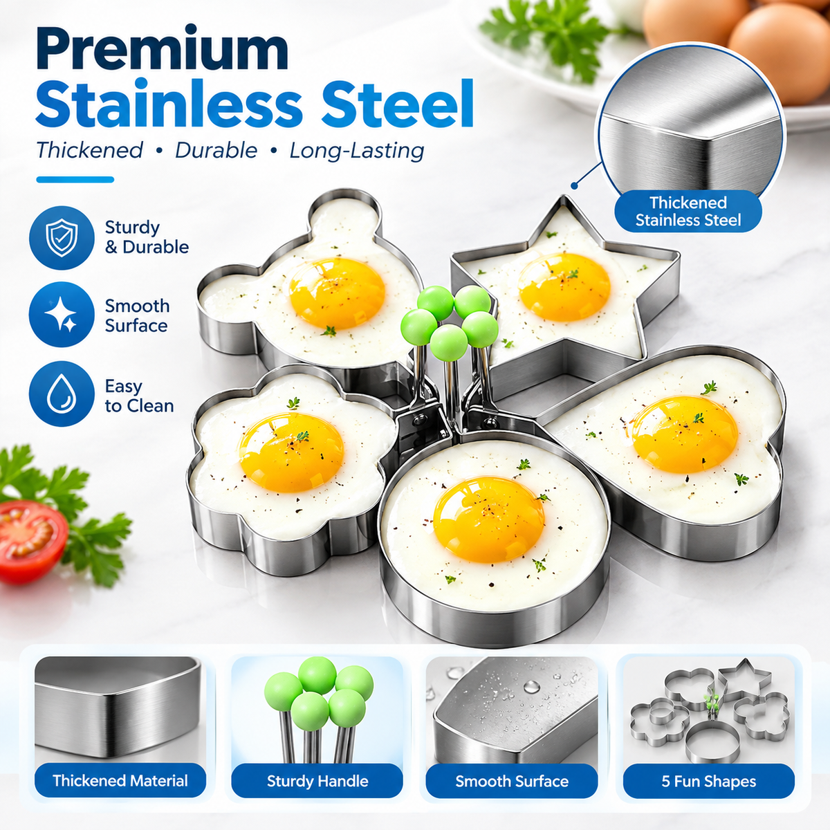 5Pack Stainless Steel Egg Molds, 3.5 Inch Different Shape Silver Egg Ring Molds