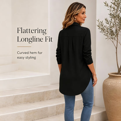 Women's Collar V Neck Long Sleeve Slit Side Button Down Long Shirt Blouse Top Tees with Curved Hem