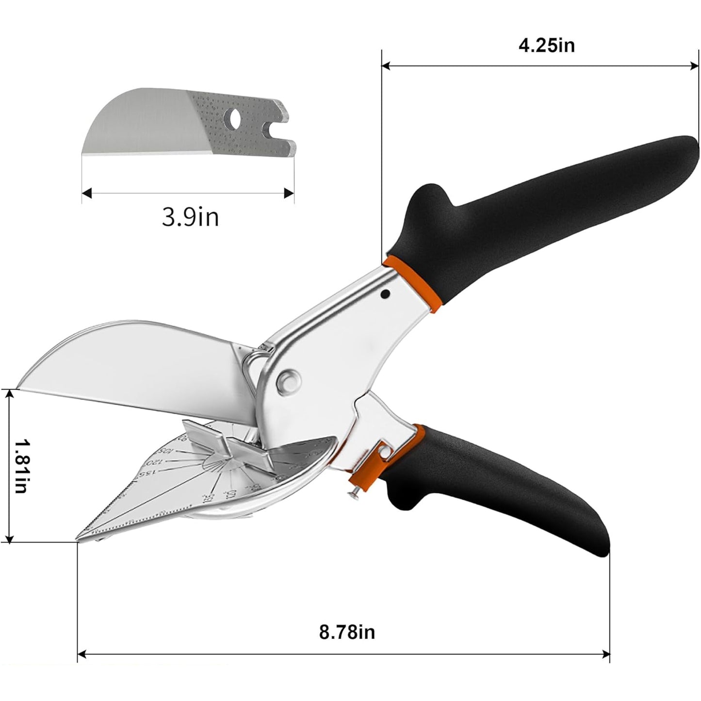 Miter Shears, 45-135 Degree Adjustable Angle Scissors, Quarter Round Cutter Tool with Spare SK5 Blades