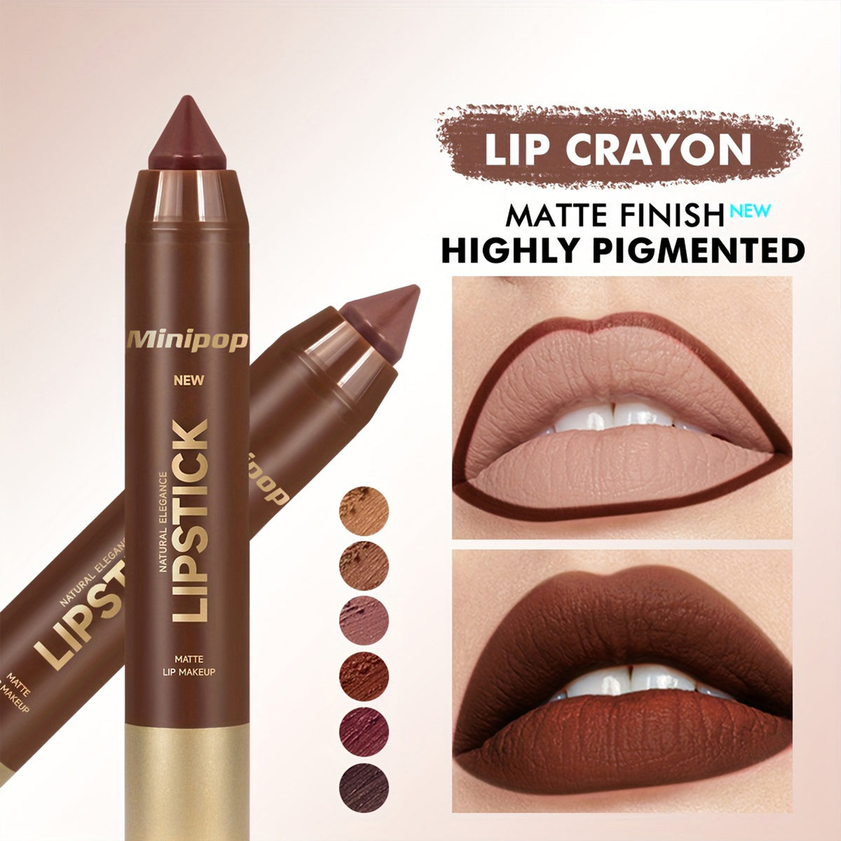 6 Pieces/set Mauve Matte Brown Lip Liner and Lipstick Combo Set Kit