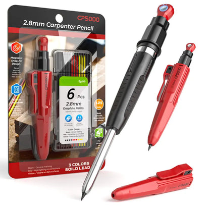 Magnetic Mechanical Carpenter Pencils Set - 2.8mm Pencil, Sharpener, 6 Refills (6 Pens Equivalent)
