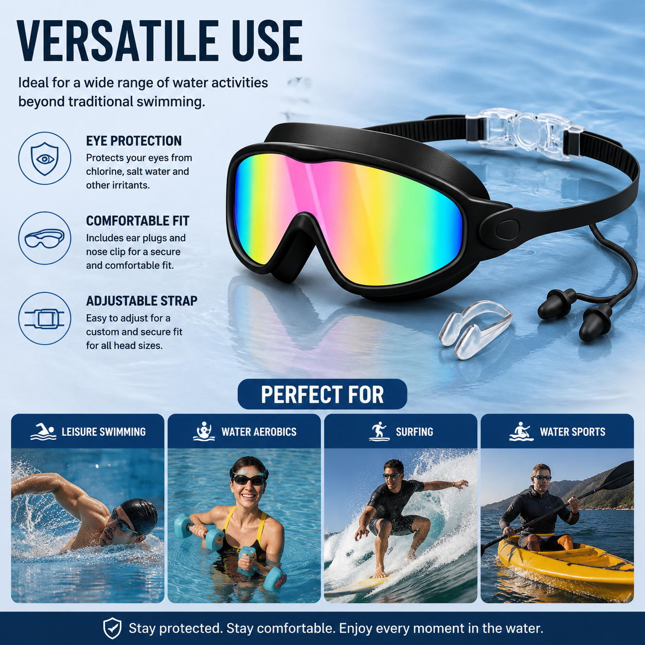 Large Swim Goggles,Wide View,Anti Fog,Swimming with Earplug Nose Clip | UV Protection & No Leak