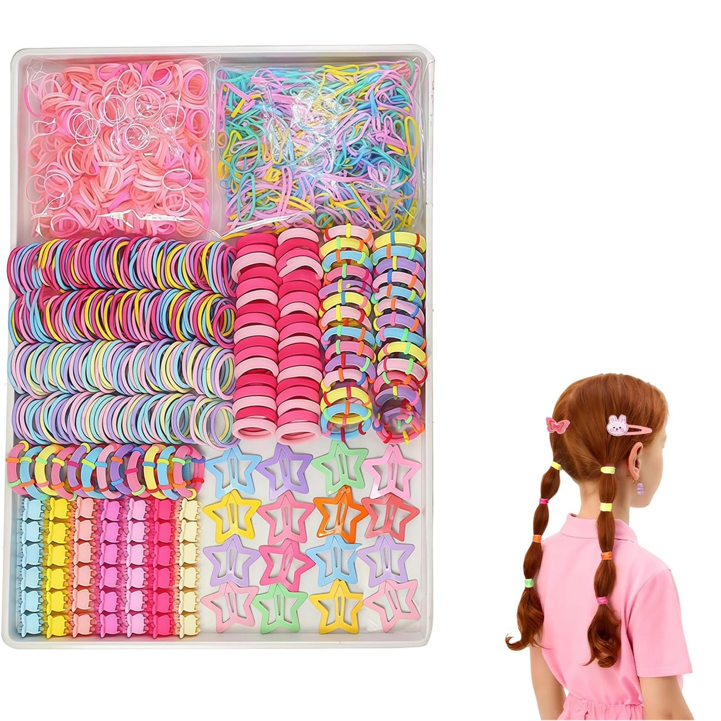 875-Piece Colorful Elastic Hair Tie and Clip Set – Includes Cute Hair Accessories and Storage Box