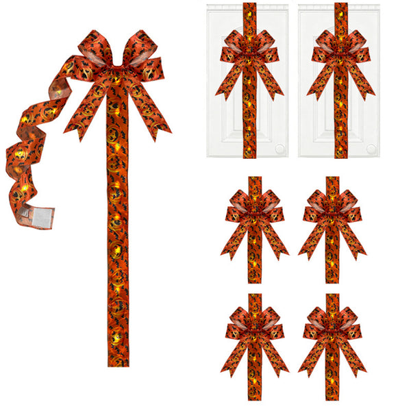 LED Spooky Halloween Cabinet Door Fringe Wreath with Lime Red Large Bow, 79x2.4 Inches