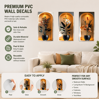 3Pcs Elegant Tropical Plant Niche Wall Stickers, Arch Display Window Theme Exotic Leaf Floral Fake Window Scene