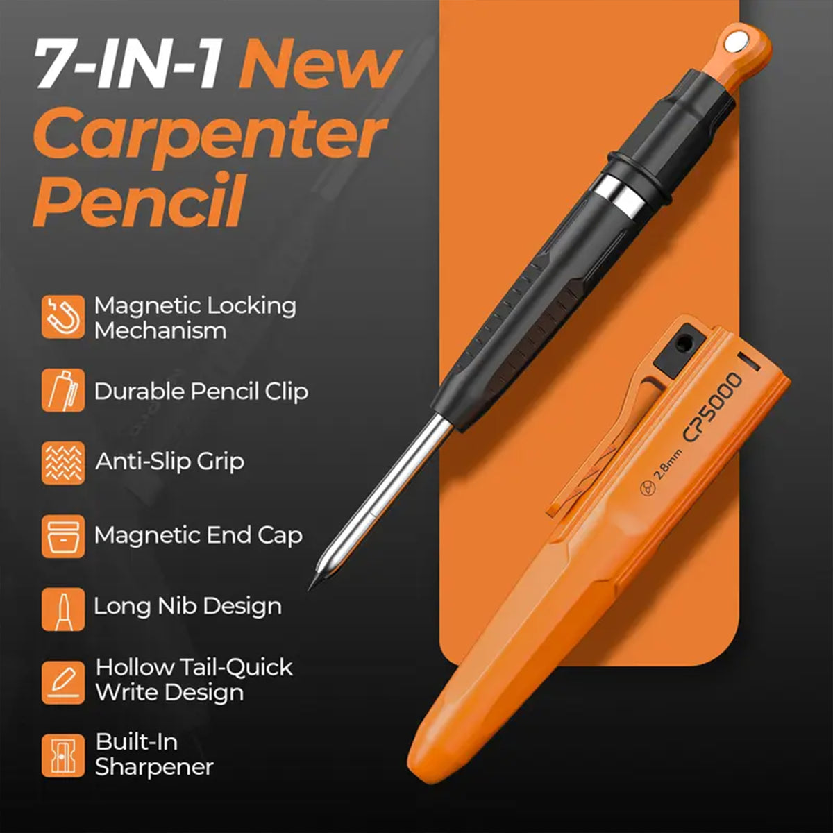 Magnetic Mechanical Carpenter Pencils Set - 2.8mm Pencil, Sharpener, 6 Refills (6 Pens Equivalent)