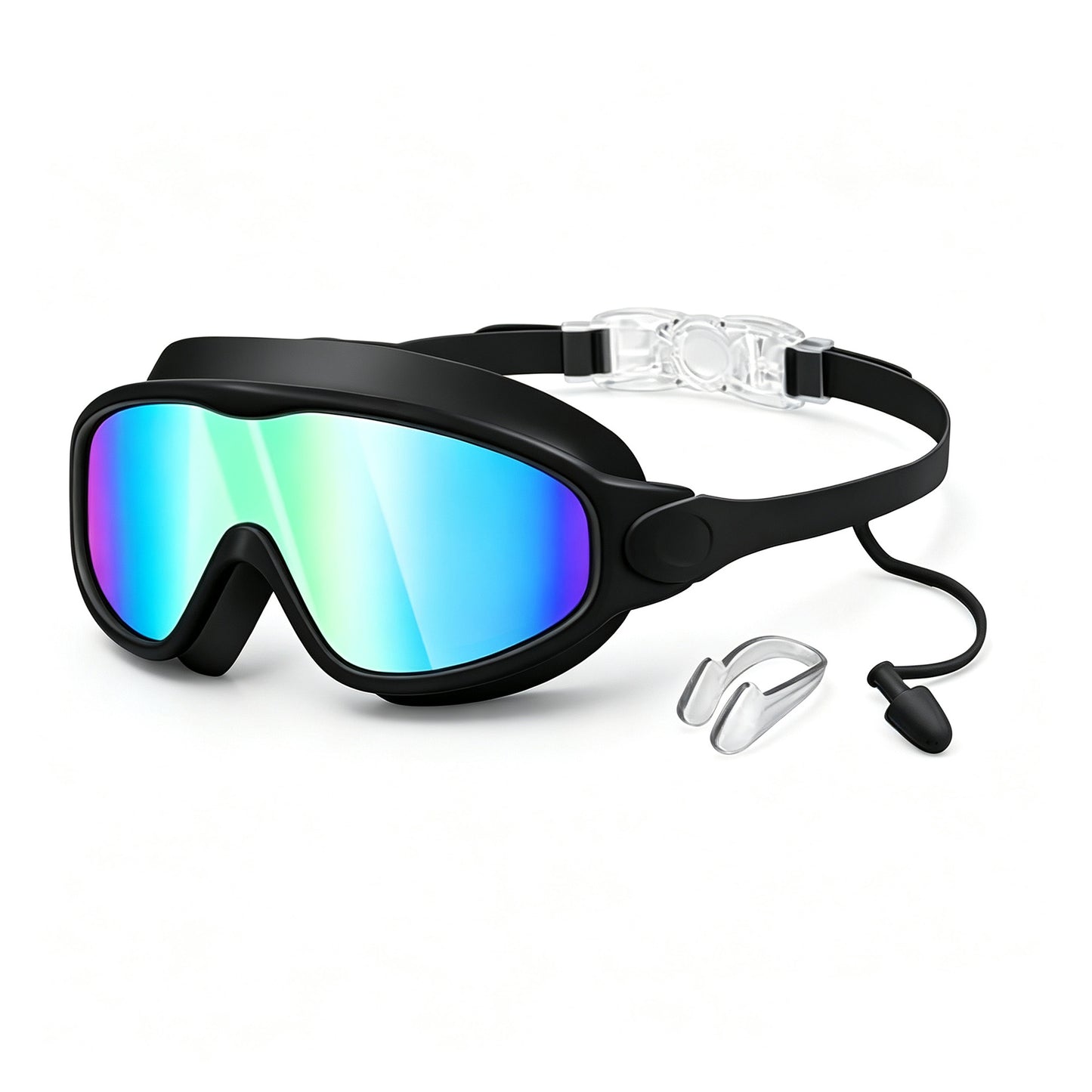 Large Swim Goggles,Wide View,Anti Fog,Swimming with Earplug Nose Clip | UV Protection & No Leak