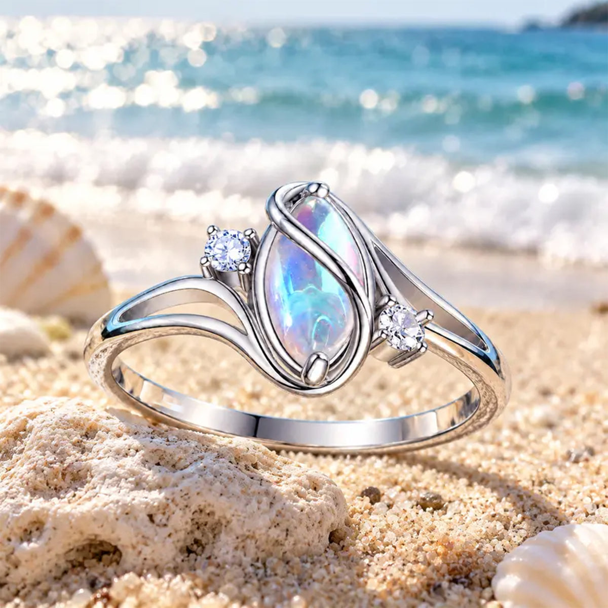 Women's Geometric Ring with Moonstone and Zircon