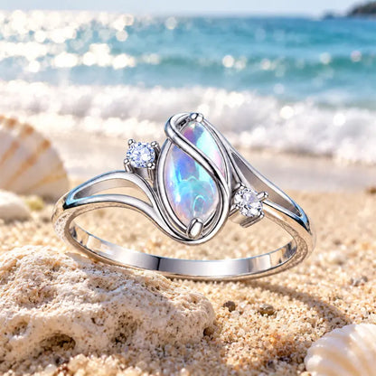Women's Geometric Ring with Moonstone and Zircon