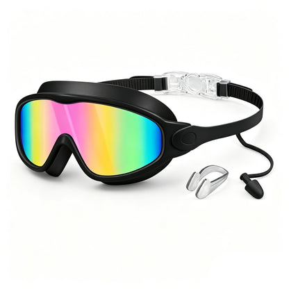 Large Swim Goggles,Wide View,Anti Fog,Swimming with Earplug Nose Clip | UV Protection & No Leak