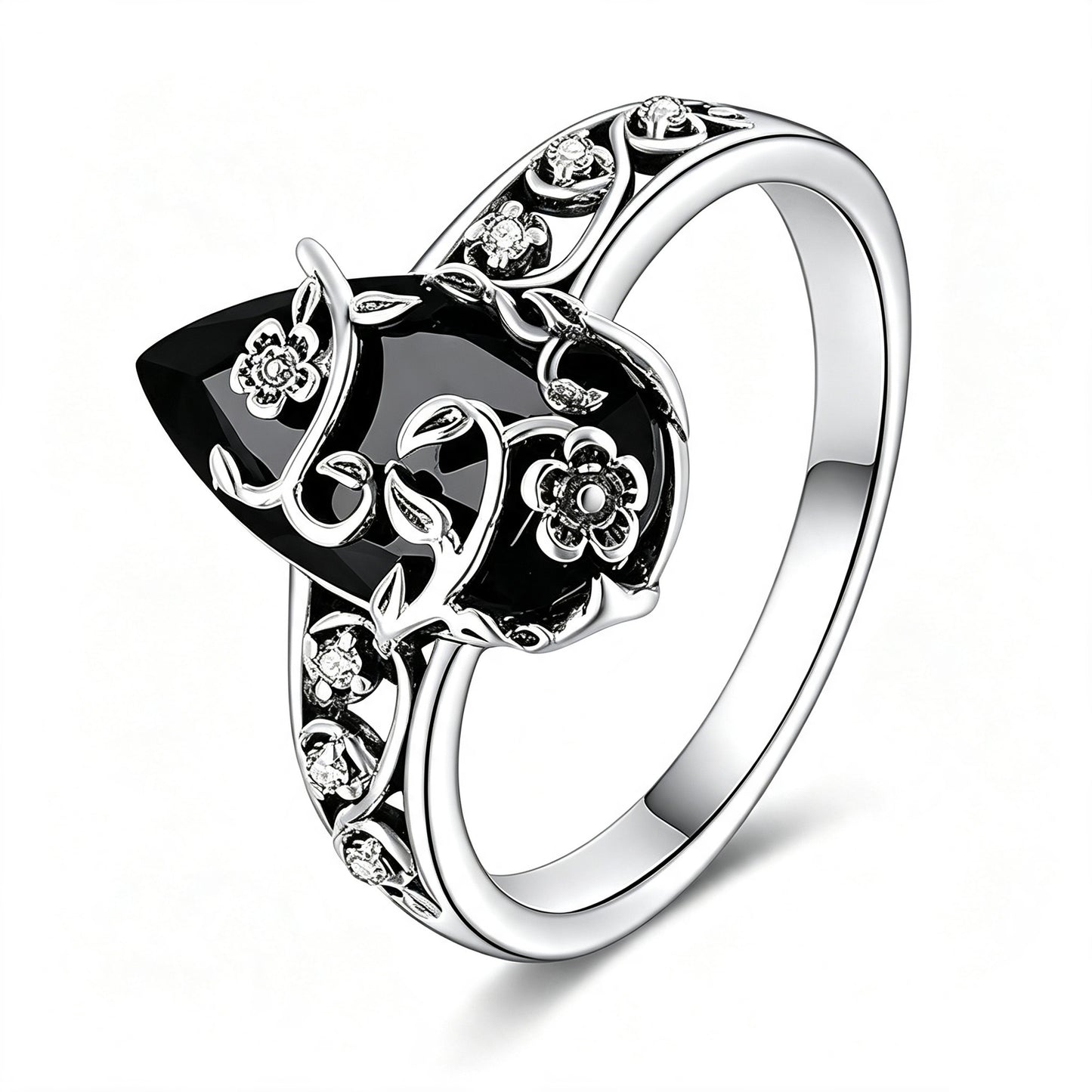 Black Onyx Energy Ring - Floral Vine Teardrop Design