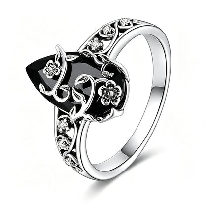 Black Onyx Energy Ring - Floral Vine Teardrop Design