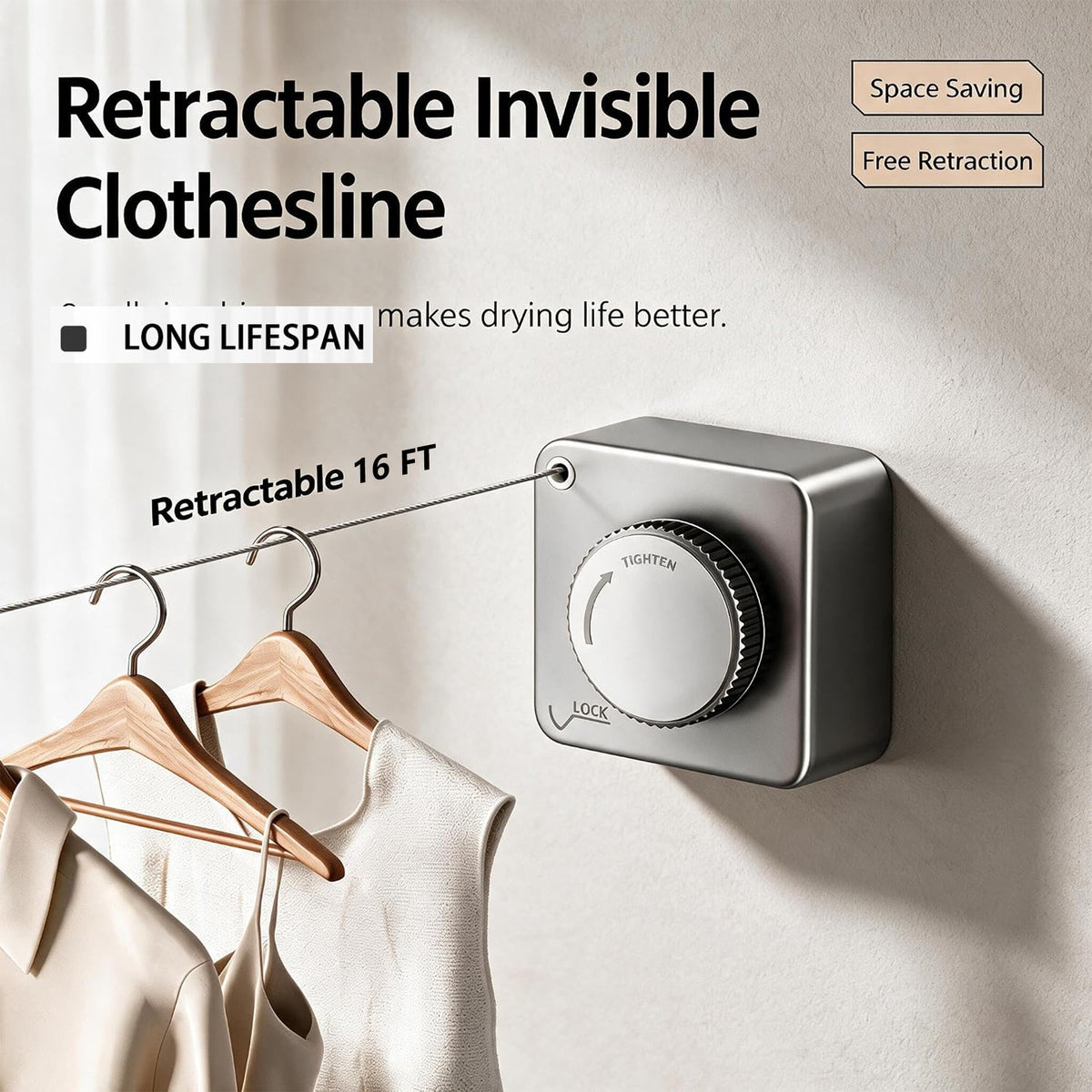 15Ft Retractable Wall Clothesline Hidden Indoor Drying Line