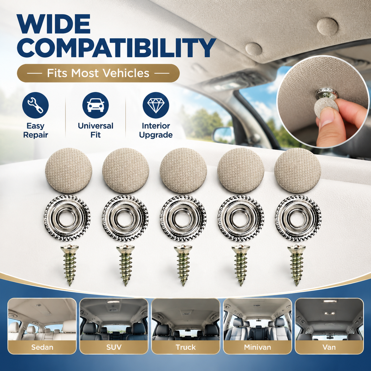 50Pcs Car Roof Headliner Repair Buttons, Fabric Covered Retainer Screws, Auto Ceiling Liner Fixing Snap Fastener Clips