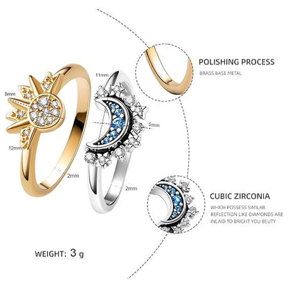 Celestial Sun and Moon Ring Set, Sparkling Sun Ring/Blue Moon Ring
