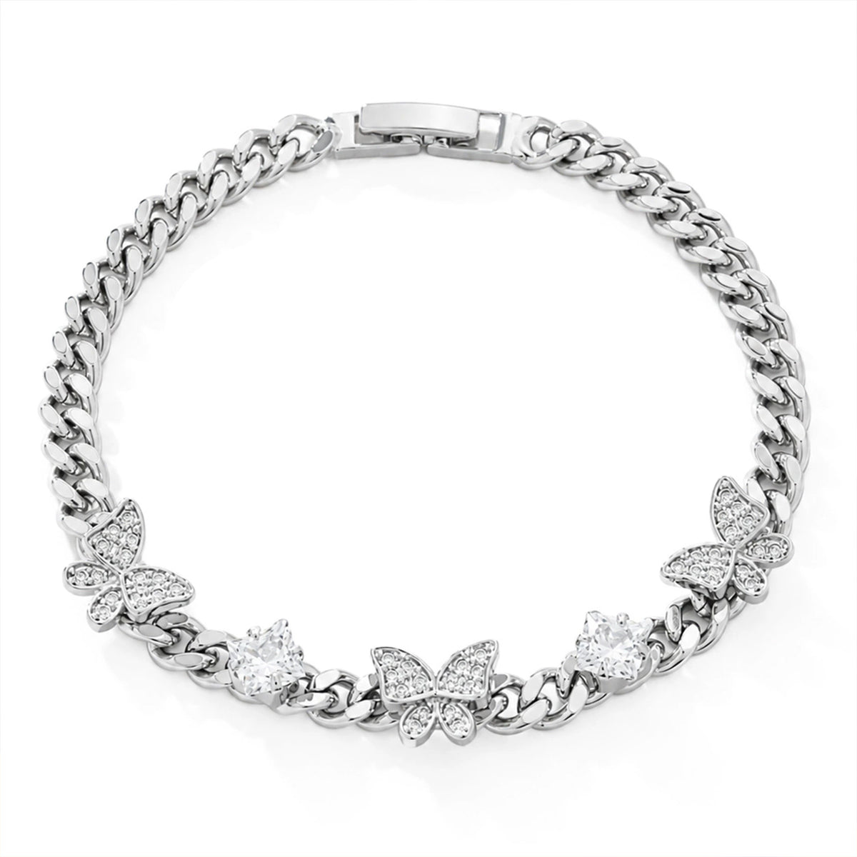 Women’s Figaro-chain Bracelet, Featuring a Butterfly Motif and Cubic Zirconia